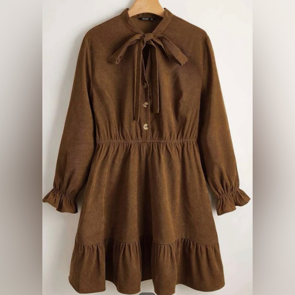 SheIn Tie neck Flounce Sleeve Ruffle Hem Corduroy Dress in 2xl in women